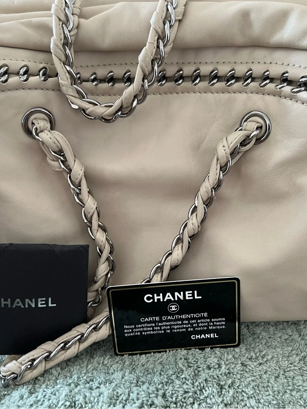 CHANEL Beige Leather Chain-Trim Satchel Bag